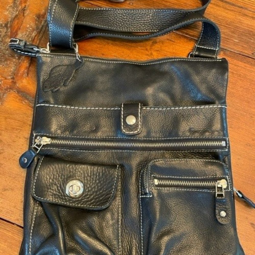 Roots Black Venetian Village Tribe Leather Large Crossbody Bag